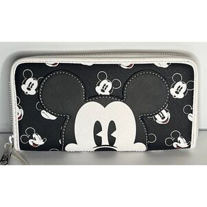 Disney Parks Loungefly Mickey Mouse Zip Around Wallet Black White All Over Print